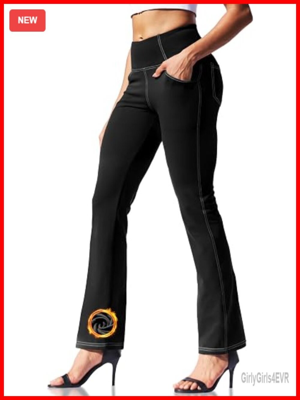 Fleece Lined Flare Leggings with Pockets High Waisted Thermal Yoga Pants